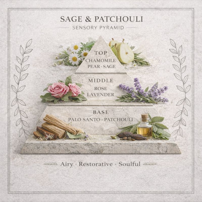 Sage & Patchouli sensory pyramid card 