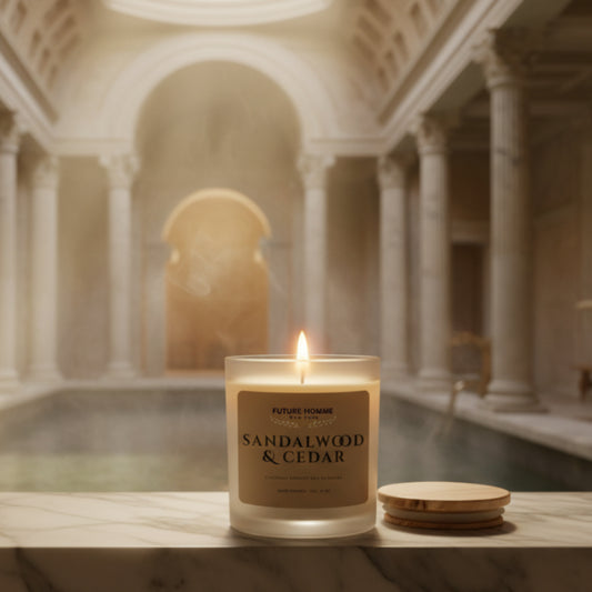 Candle labeled 'Sandalwood & Cedar' on a marble surface with classical architecture in the background