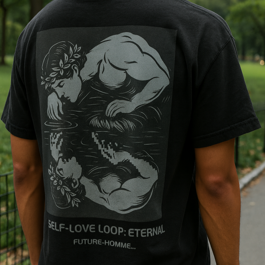 The back side image of a young man wearing the Future-Homme Philosophy Graphics Tee of Narcissus seeing his reflection in water with verbiage underneath stating: Self-love loop: Eternal
