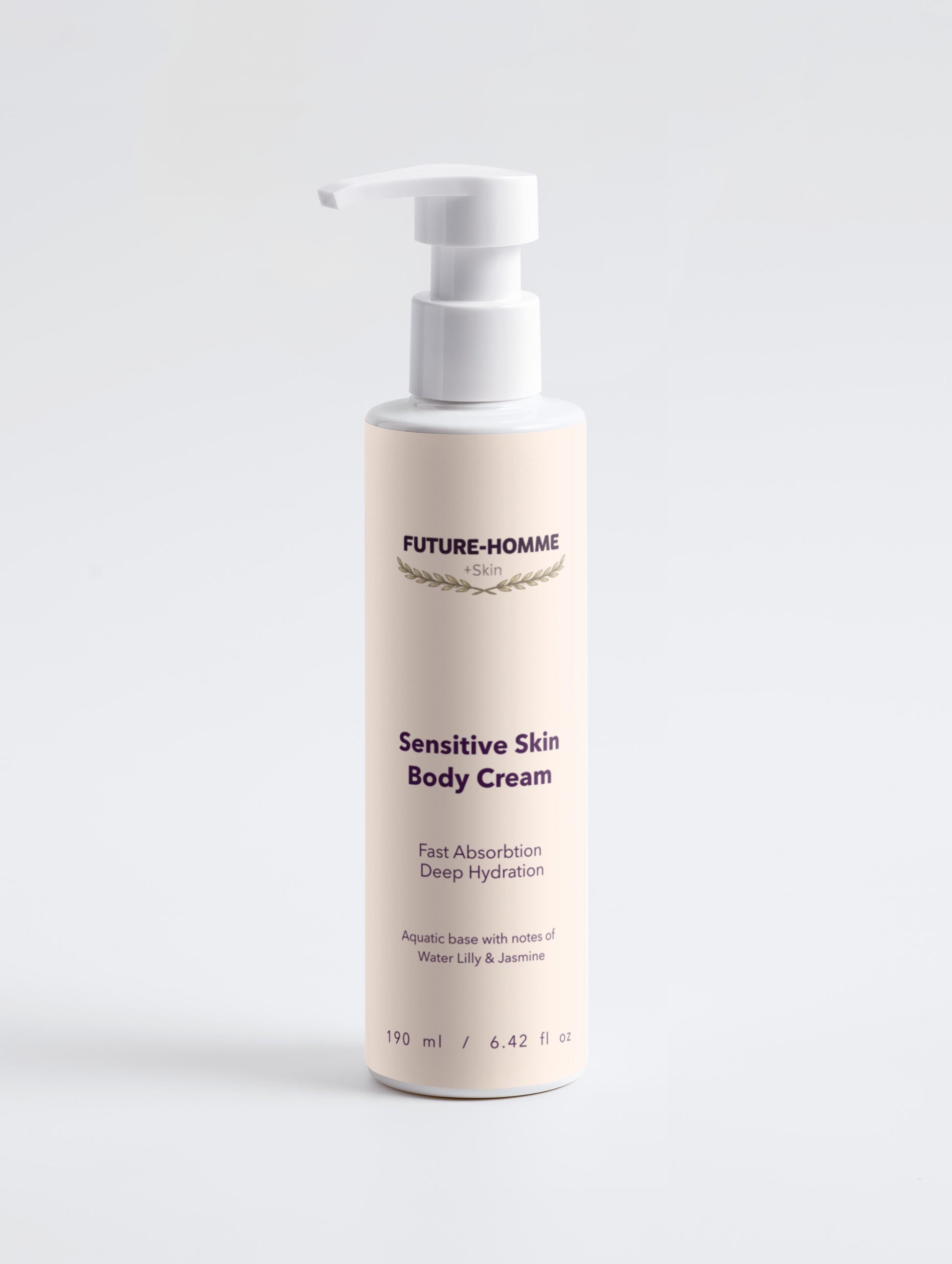 Body cream bottle labeled 'Future-Homme' on a white background