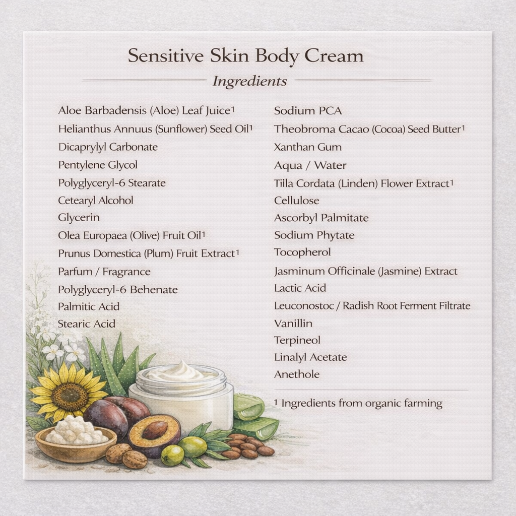 ingredients card for sensitive skin body cream