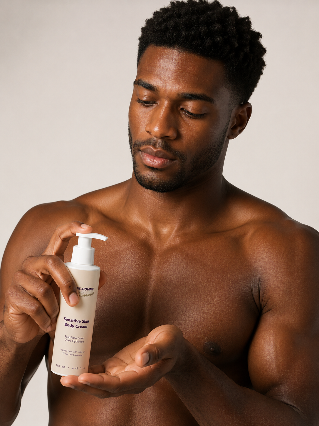 Man holding a bottle of body cream against a neutral background