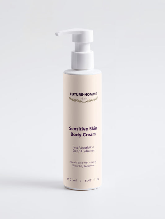 Body cream bottle labeled 'Future-Homme' on a white background