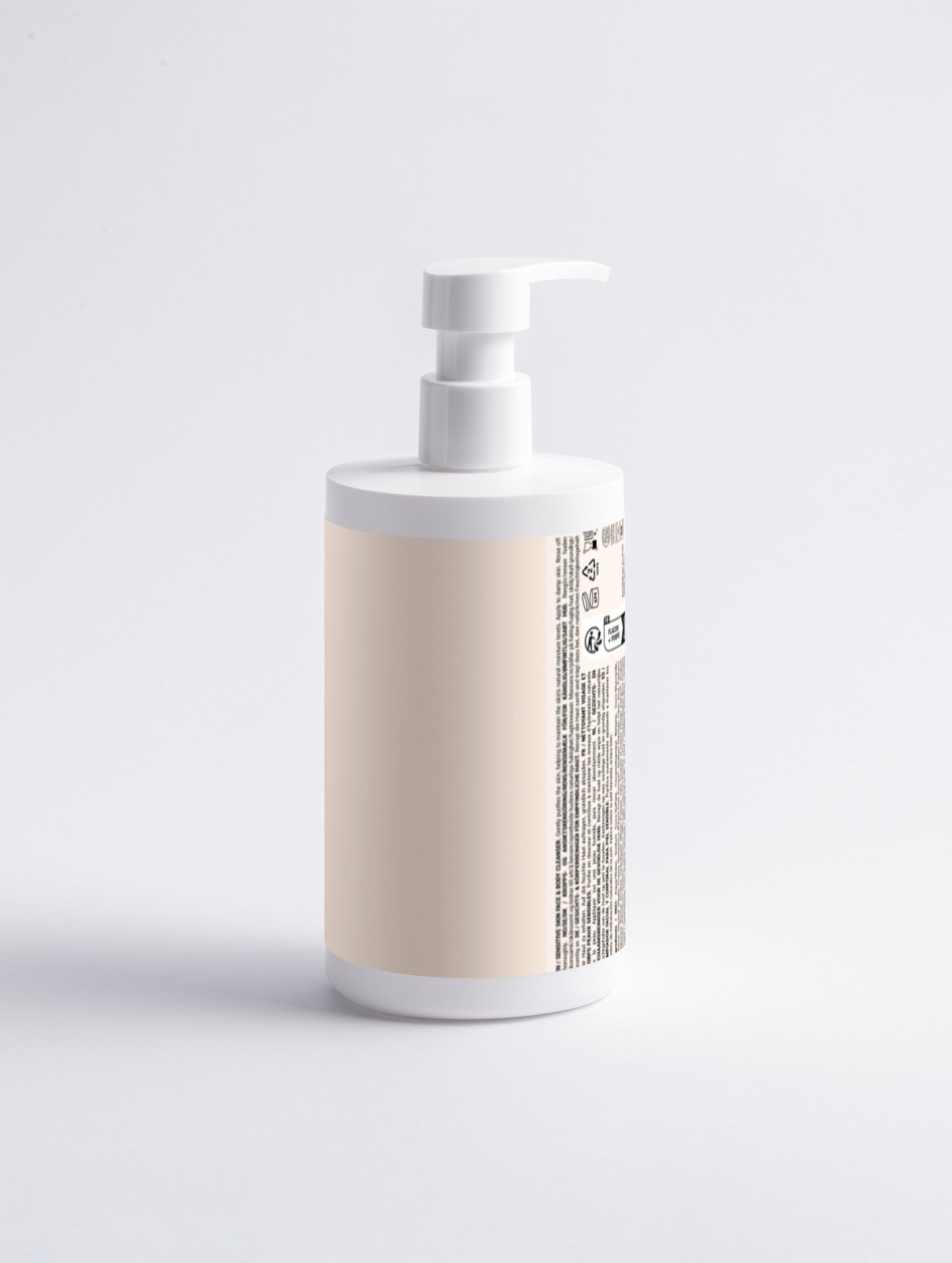 Pink bottle with white pump on a light gray background