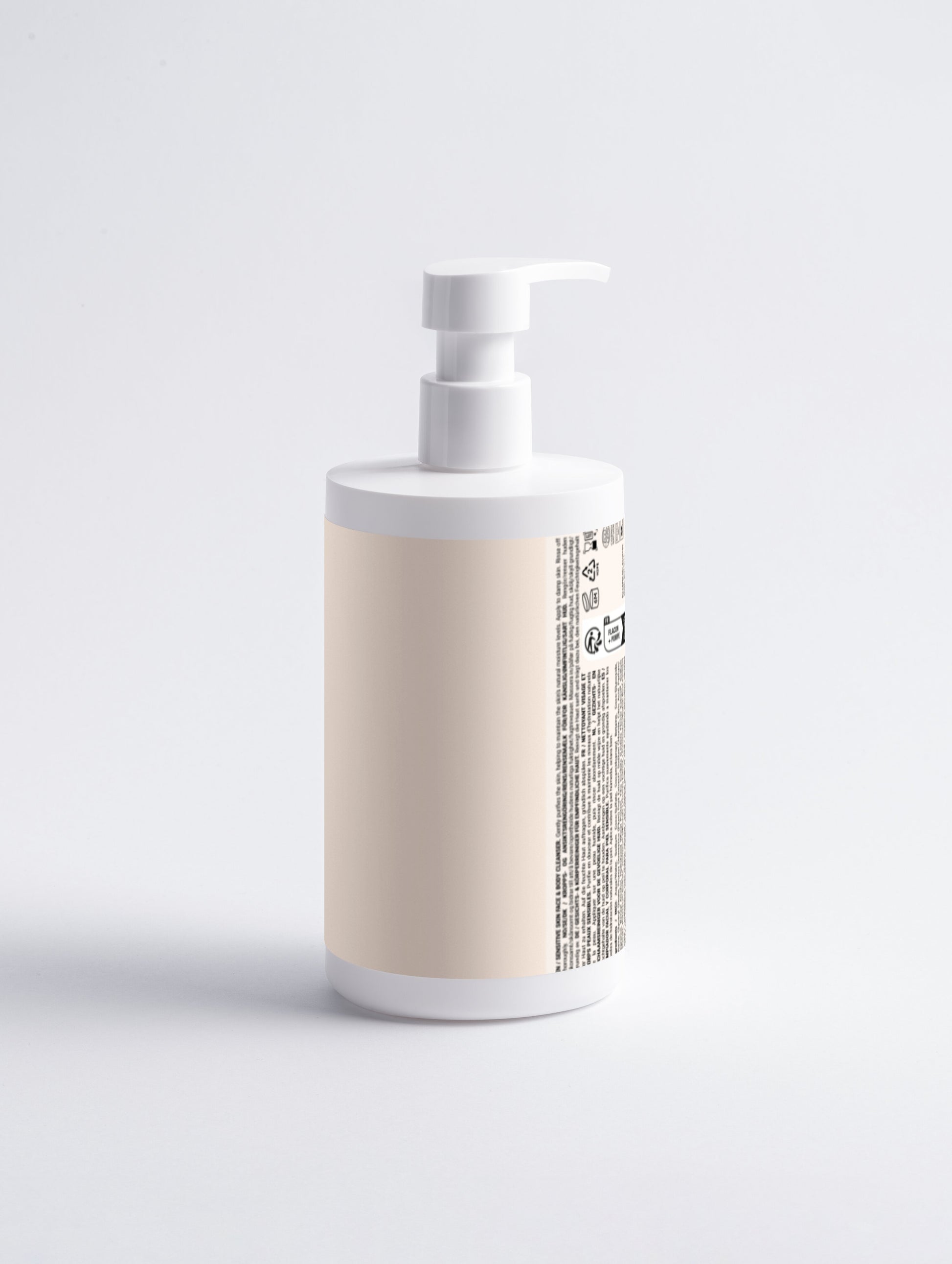 Pink bottle with white pump on a light gray background