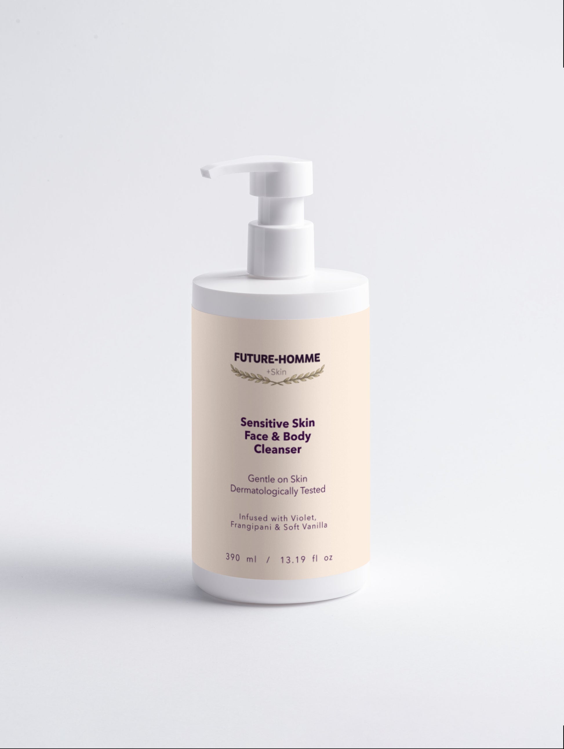Bottle of Future-Homme sensitive skin face and body cleanser on a light gray background