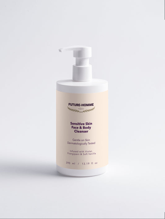 Bottle of Future-Homme sensitive skin face and body cleanser on a light gray background