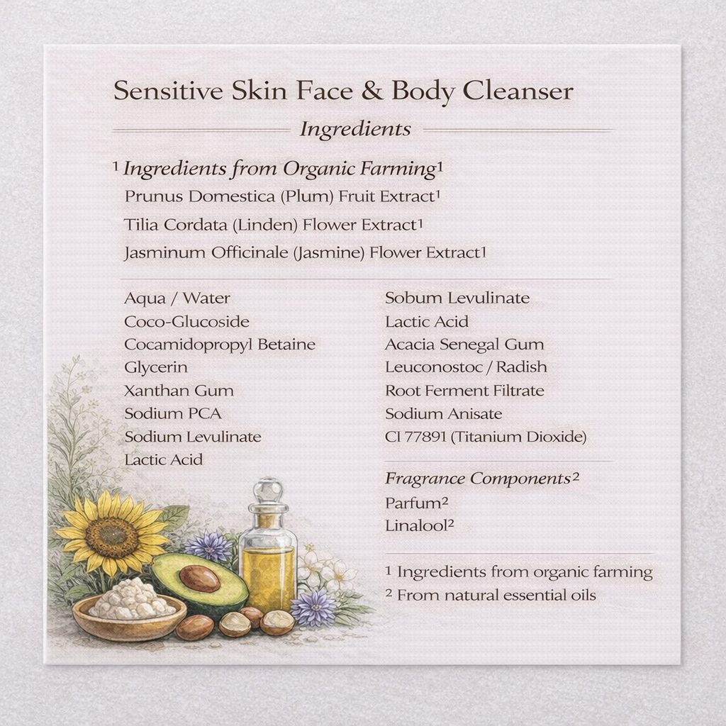 sensitive skin face and body cleanser ingredients card
