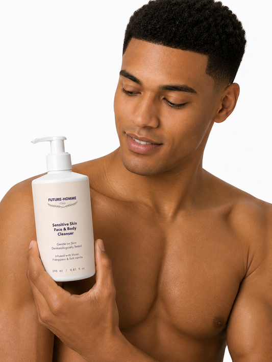 Man holding a bottle of Future Homme skincare product on a white background