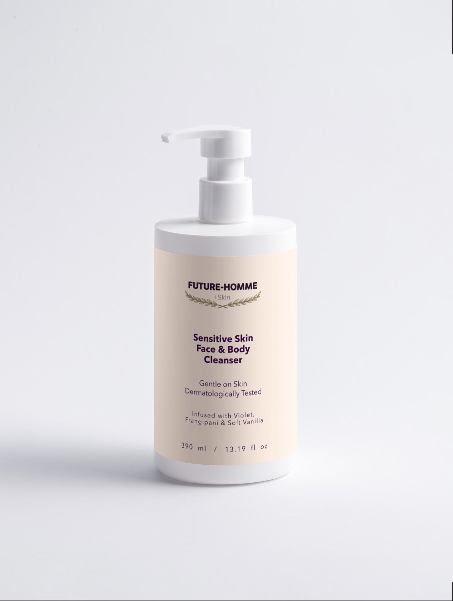 Bottle of Future-Homme sensitive skin face and body cleanser on a light gray background