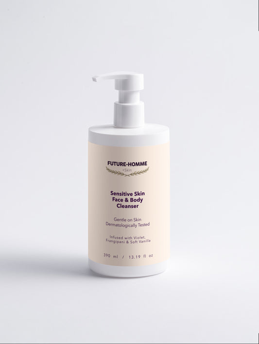 Bottle of Future-Homme sensitive skin face and body cleanser on a light gray background