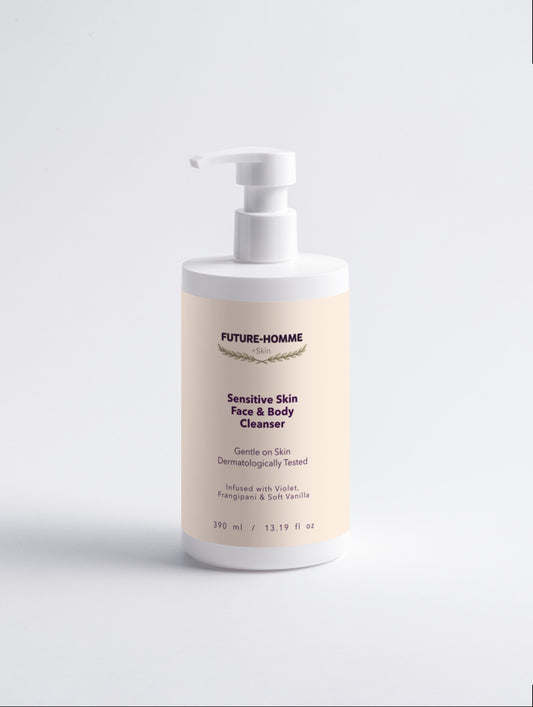 Bottle of Future-Homme Sensitive Skin Face and Body Cleanser on a light gray background
