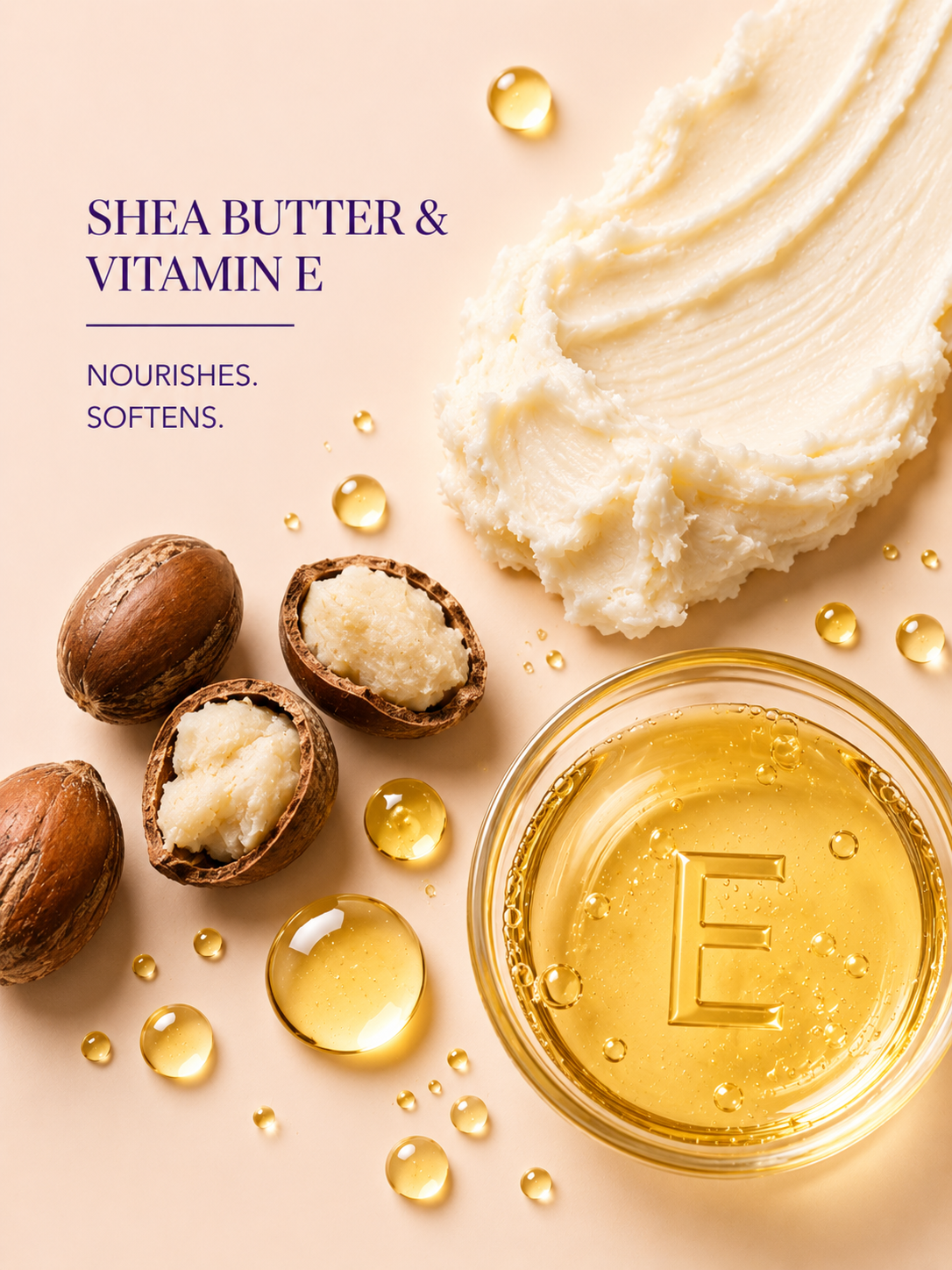 Shea butter, vitamin E oil, and shea nuts on a light pink background with 'SHEA BUTTER & VITAMIN E' text.
