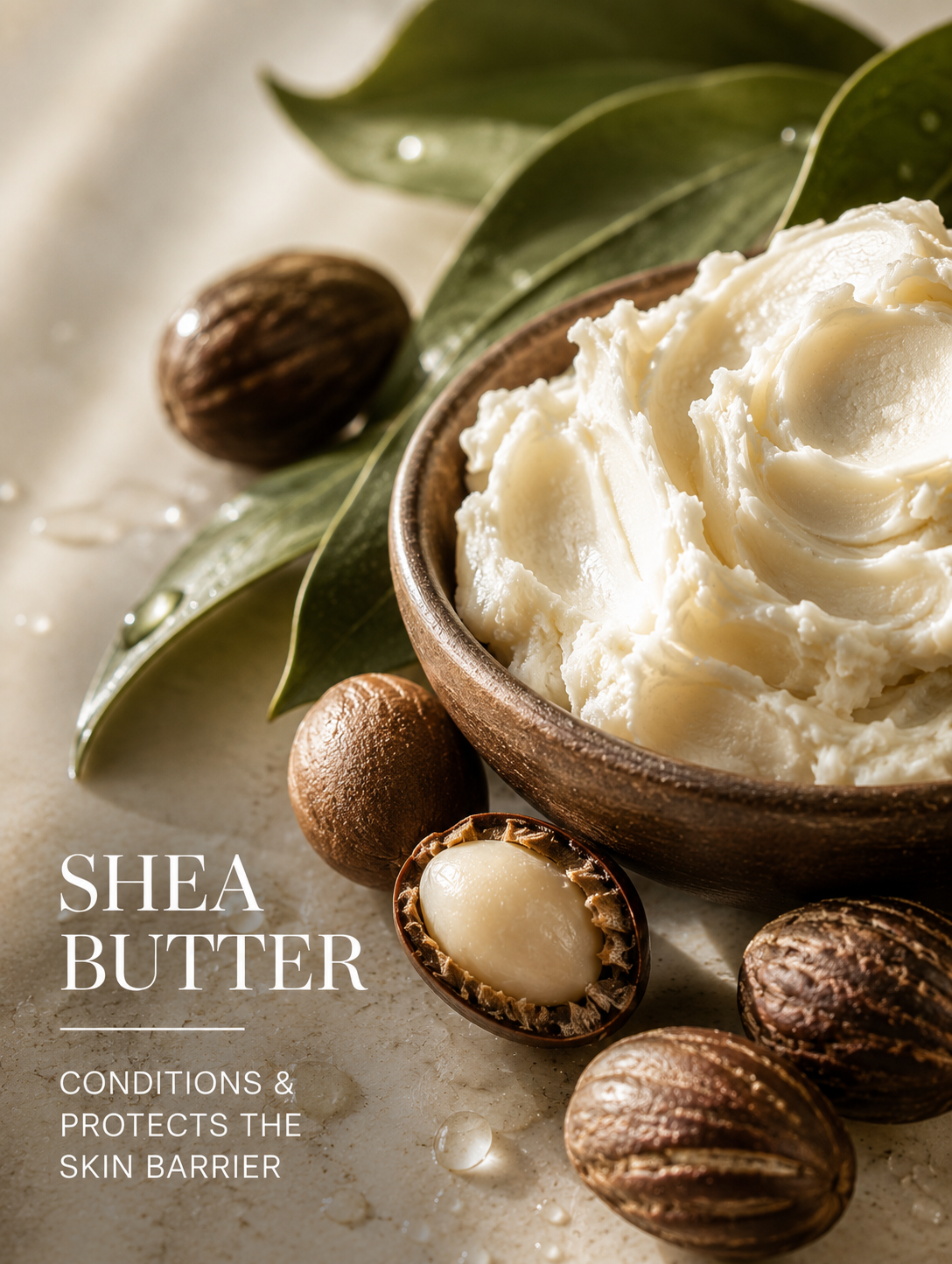 Shea butter in a wooden bowl with shea nuts and leaves on a light background