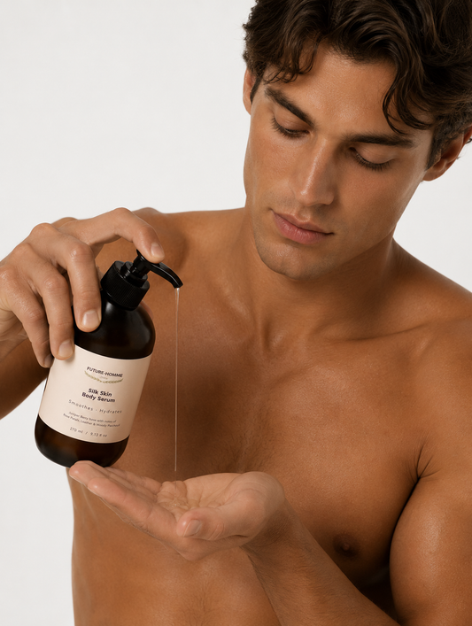 Man holding a bottle of skincare product over his palm
