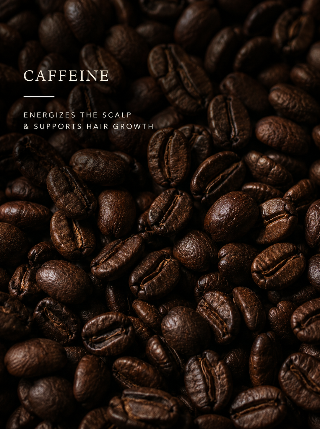 Close-up of coffee beans with text about caffeine's benefits on a dark background