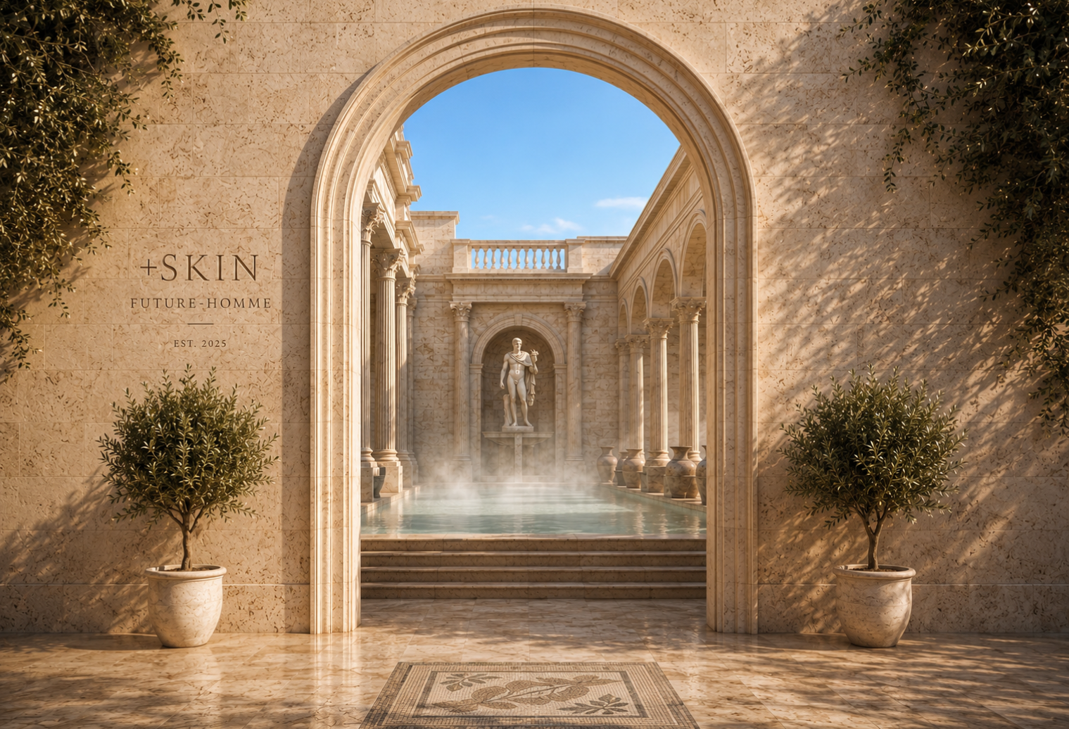Archway leading to a classical building with 'SKIN' branding on a stone wall.