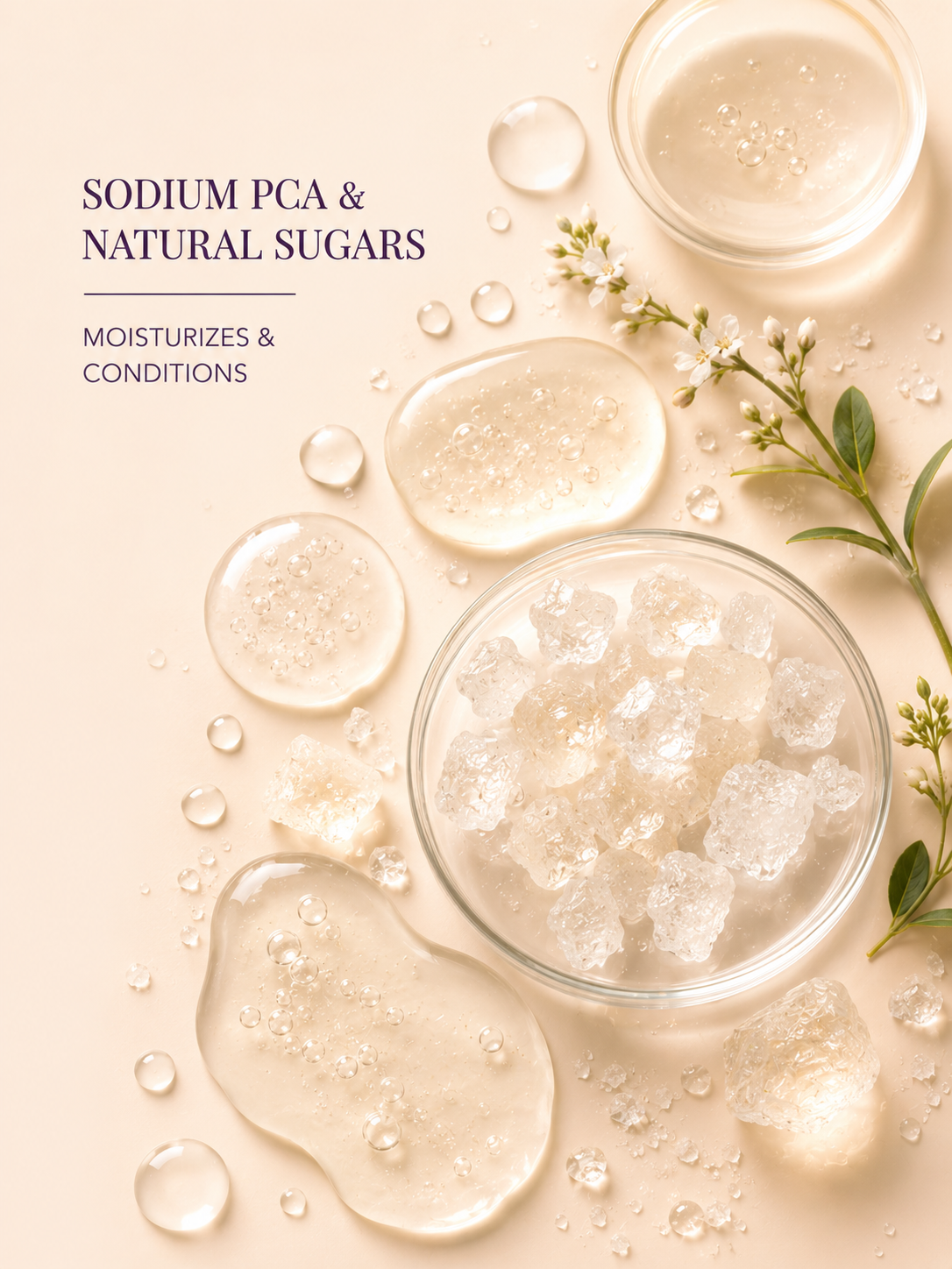 Cosmetic product with sodium PCA and natural sugars on a light background