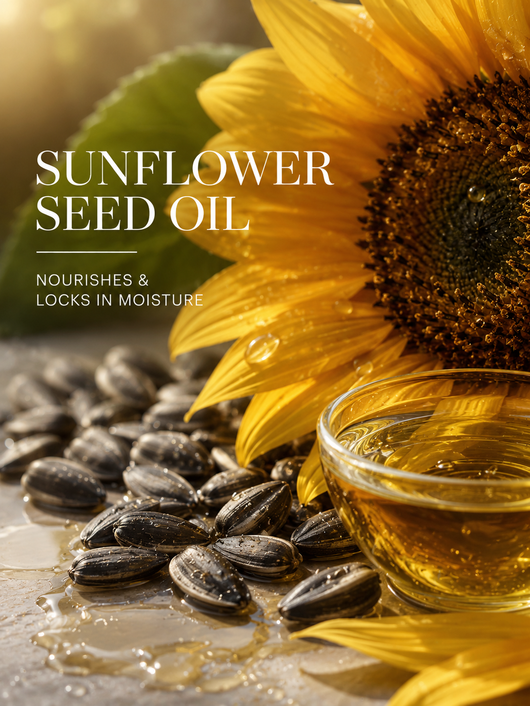 Sunflower seed oil with sunflower seeds and a sunflower, highlighting its benefits.