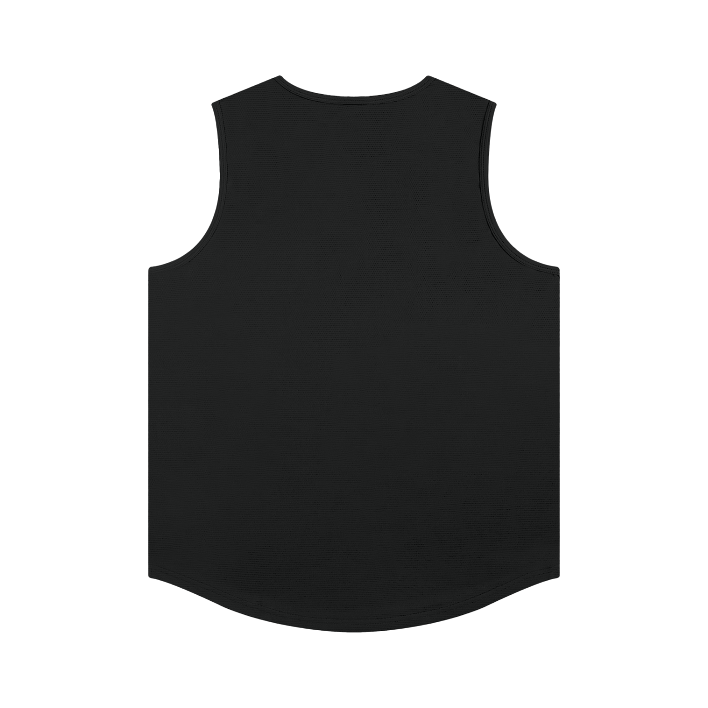 Black sleeveless technical knit sport jersey on a white background