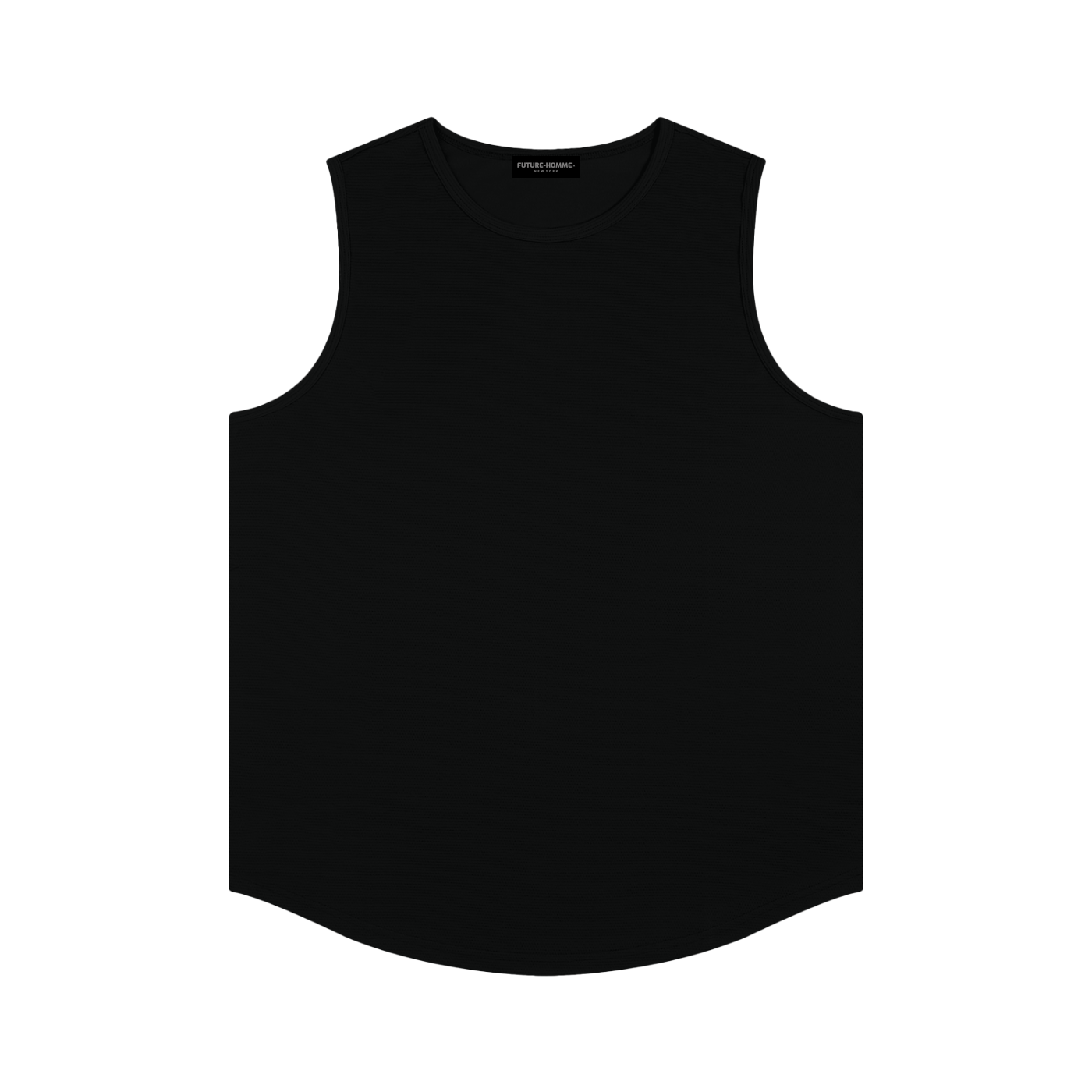 Black sleeveless technical knit sport jersey on a white background