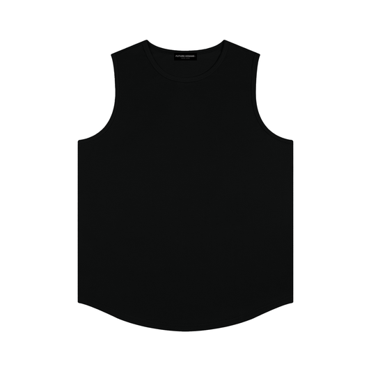 Black sleeveless technical knit sport jersey on a white background