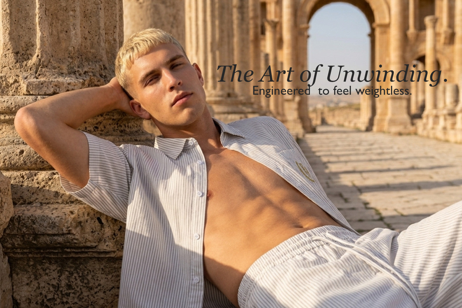 Man in a light shirt leaning against stone architecture with text overlay, The Art of Unwinding. Engineered to feel weightless. 