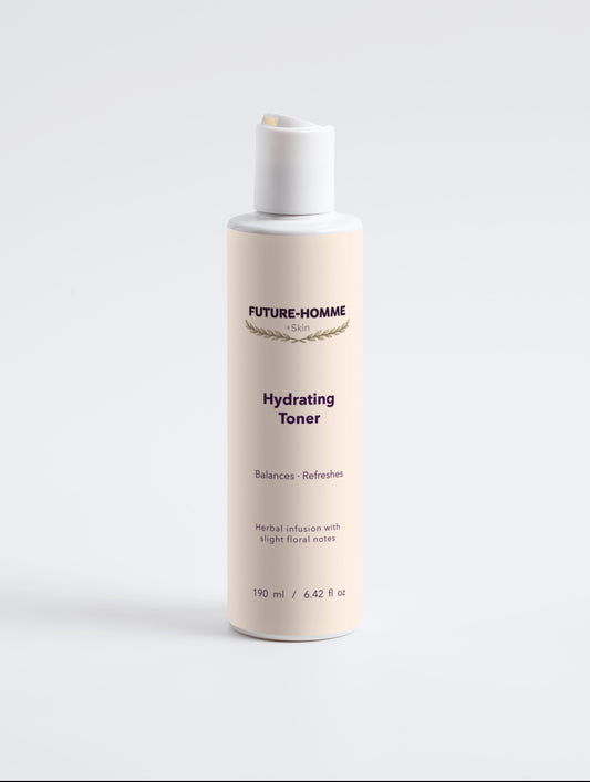 Bottle of Future-Homme Hydrating Toner on a light gray background