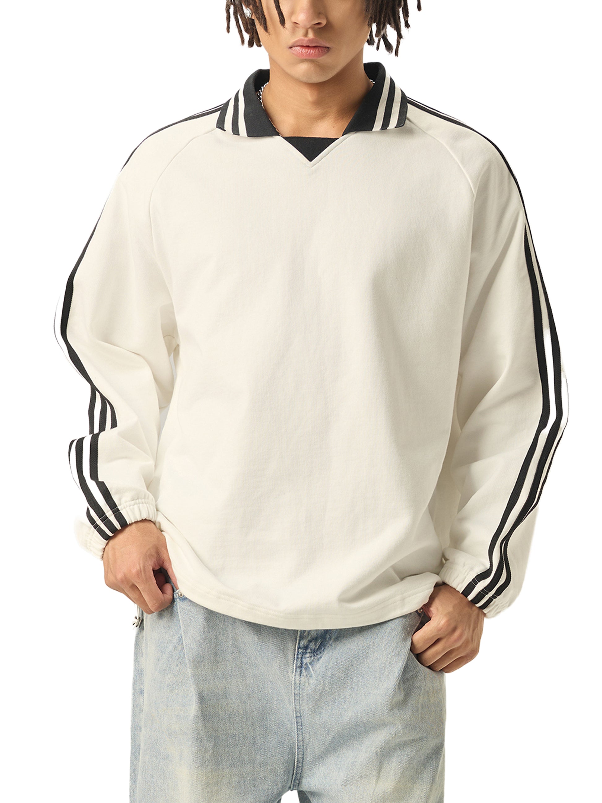Model wearing a Future-Homme Track Collar Pullover in white with black stripes front side on a white background