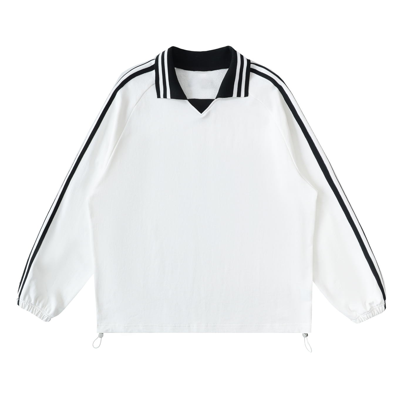 Flat lay Future-Homme Track Collar Pullover in white with black stripes front side on a white background