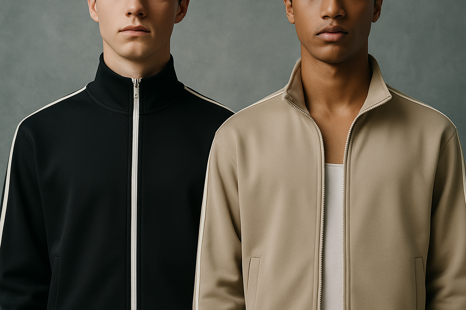 Two men wearing The Future-Homme black and beige track jackets against a gray background
