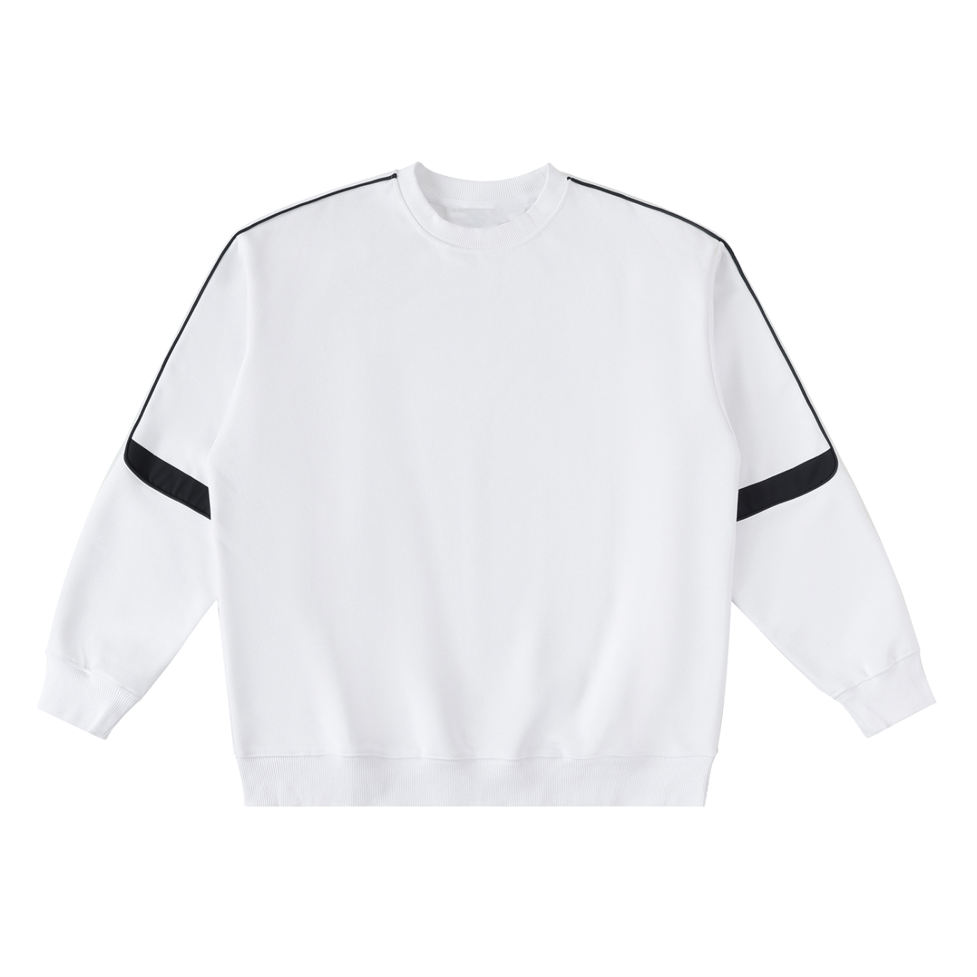 Flatlay of the track crewneck oversized sweatshirt in white with tape details in black on a white background - Future-Homme