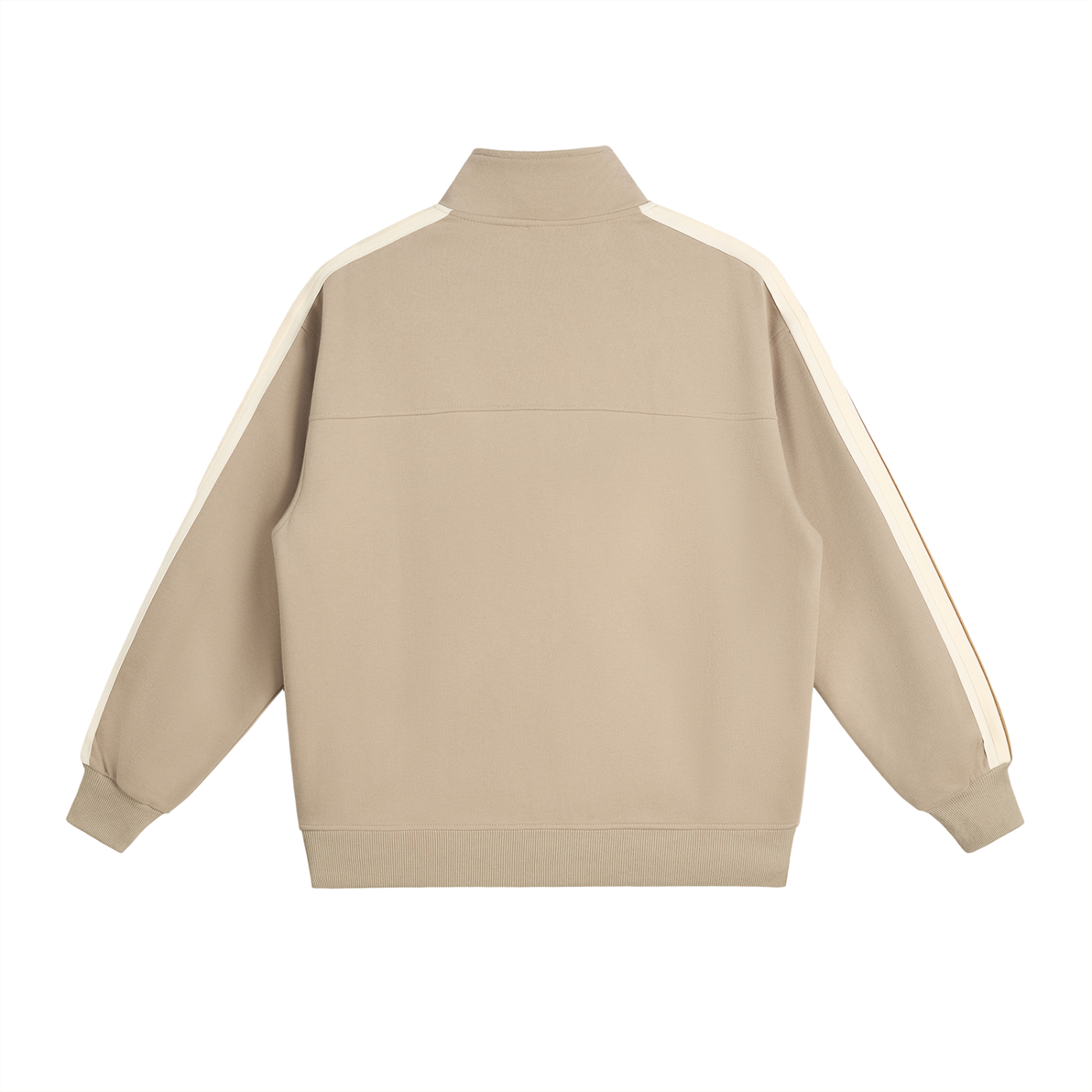 A flat lay of a Future-Homme beige Track Zip up Jacket 340 GSM sustainably made-to-order back side on a white background