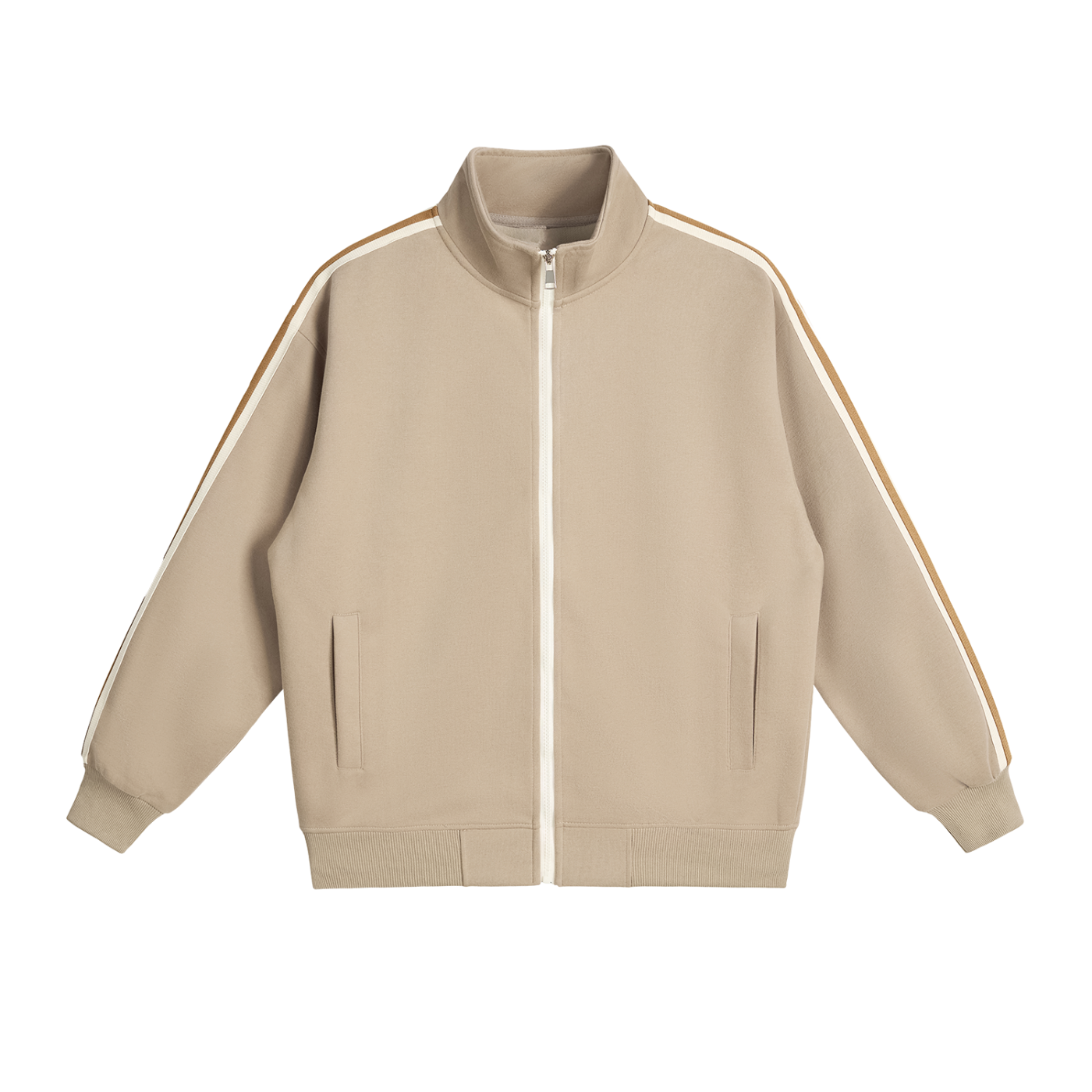 A flat lay of a Future-Homme beige Track Zip up Jacket 340 GSM sustainably made-to-order front side on a white background
