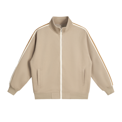 A flat lay of a Future-Homme beige Track Zip up Jacket 340 GSM sustainably made-to-order front side on a white background