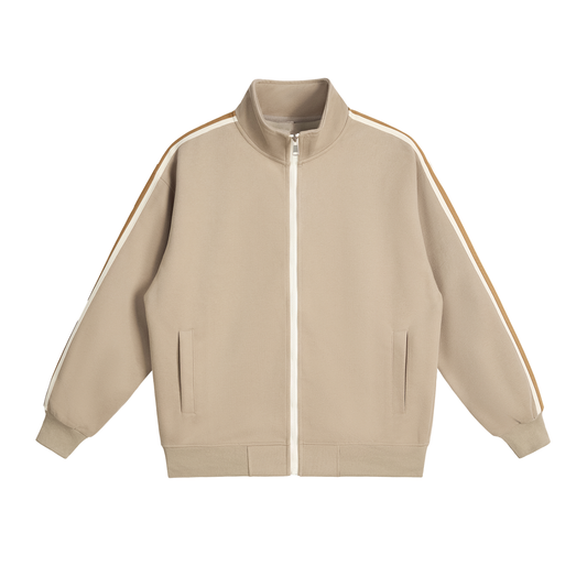 A flat lay of a Future-Homme beige Track Zip up Jacket 340 GSM sustainably made-to-order front side on a white background