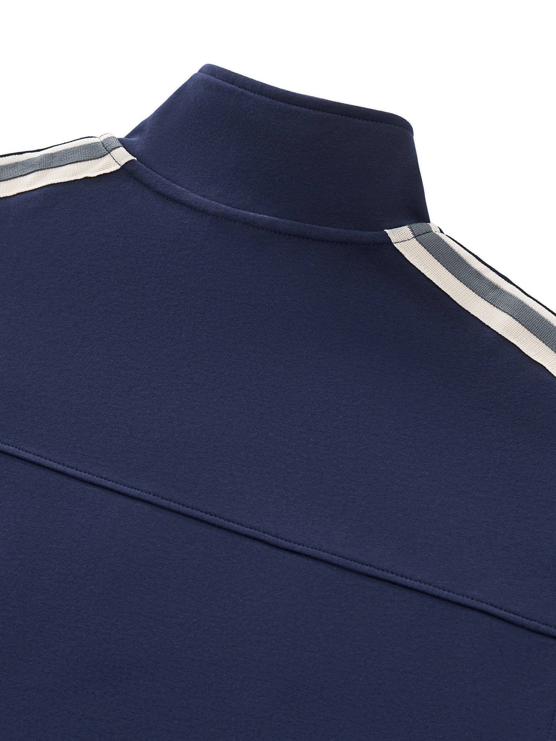 A flat lay of a Future-Homme blue Track Zip up Jacket 340 GSM sustainably made-to-order up close back side on a white background