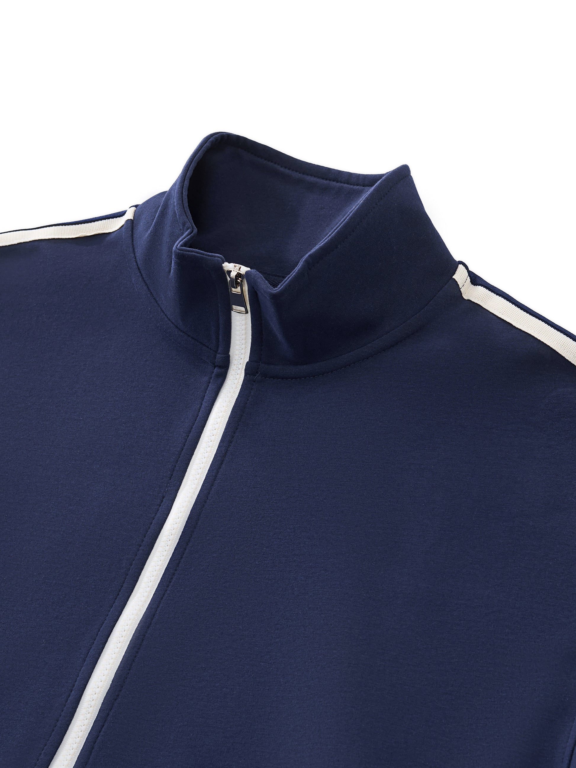 A flat lay of a Future-Homme blue Track Zip up Jacket 340 GSM sustainably made-to-order up close collar on a white background