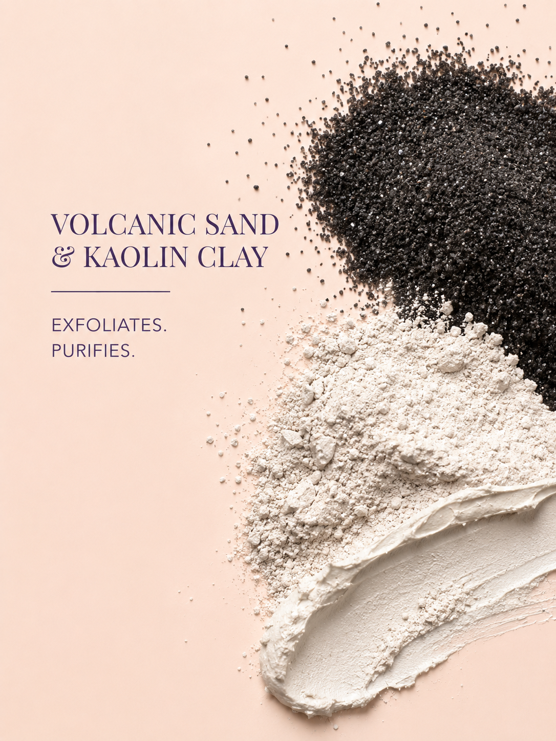 Volcanic sand and kaolin clay on a pink background with text indicating their benefits.