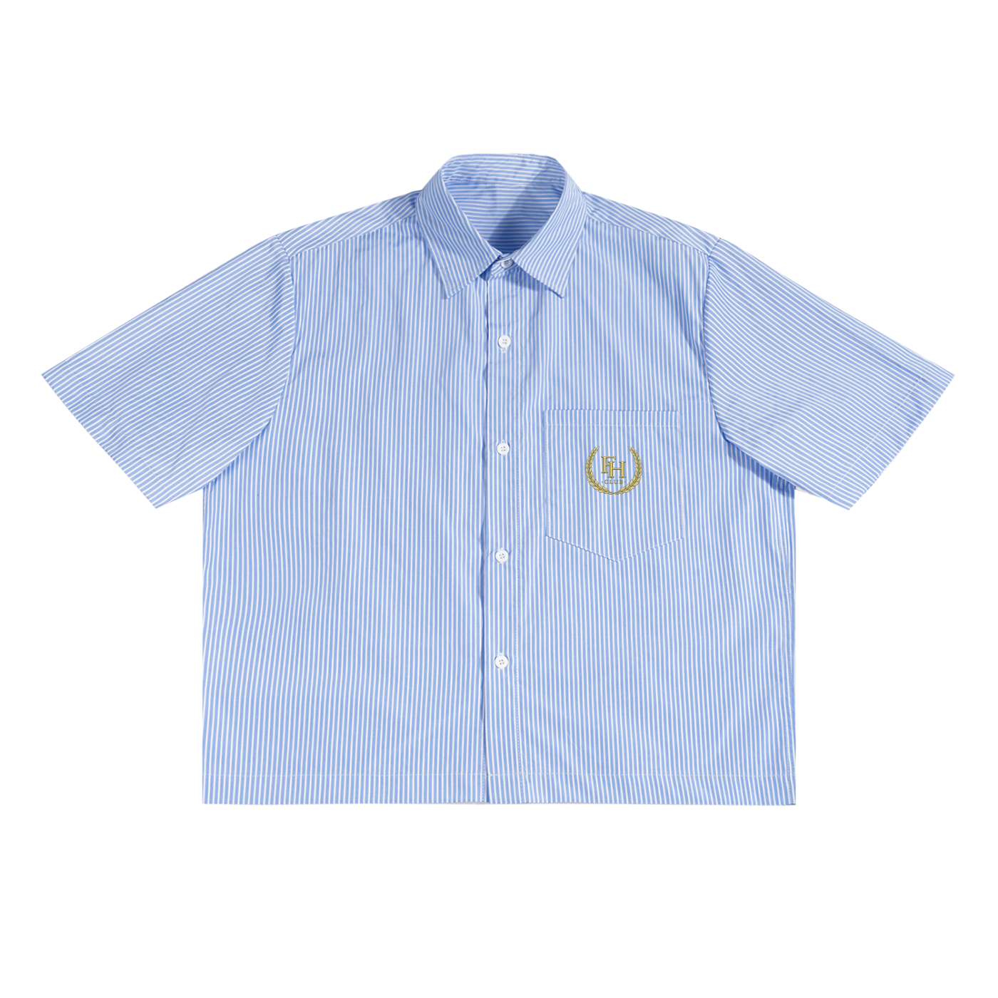 Blue striped shirt with a logo on a white background