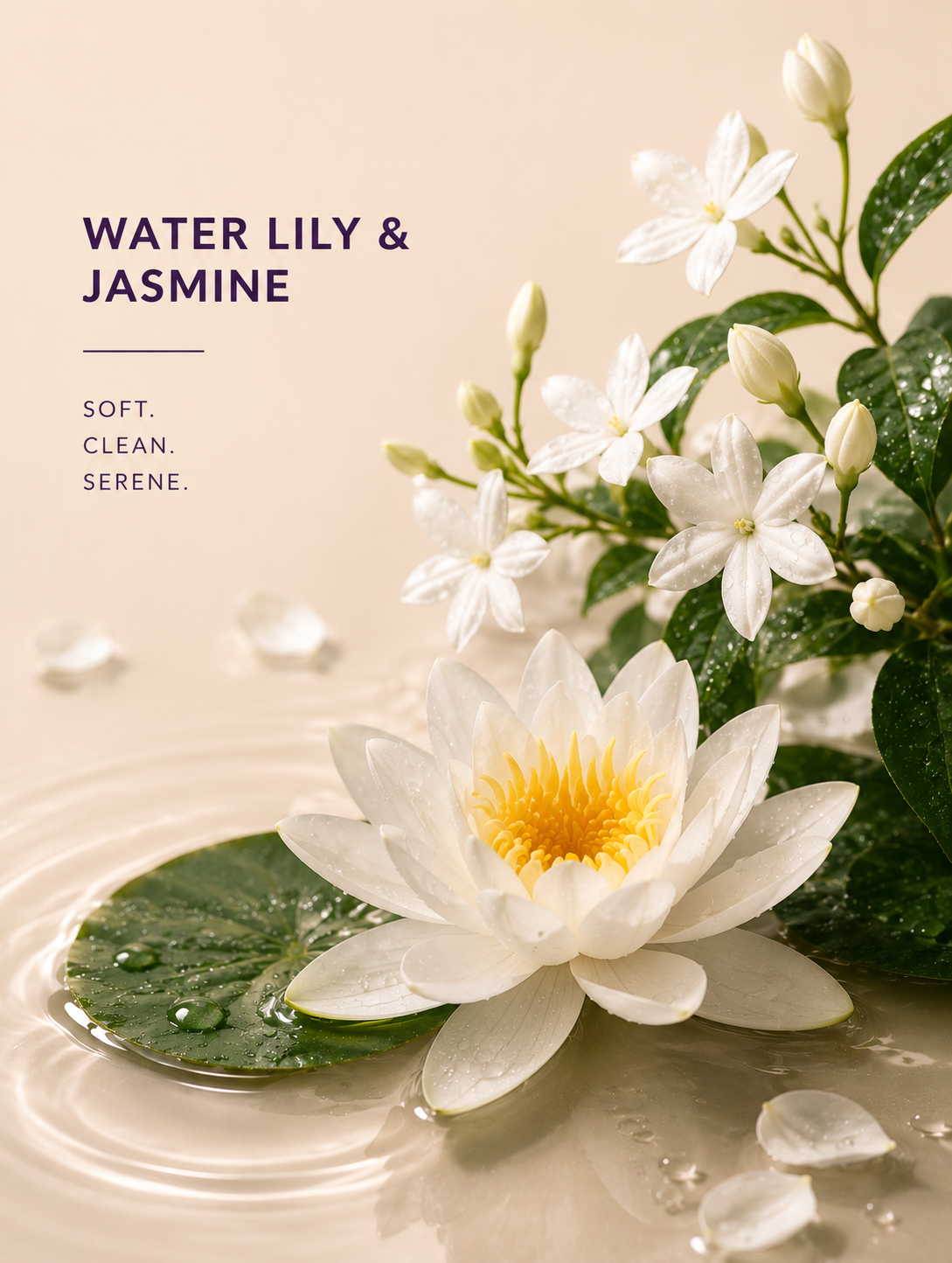 White water lily and jasmine flowers on a beige background with text 'Water Lily & Jasmine'.