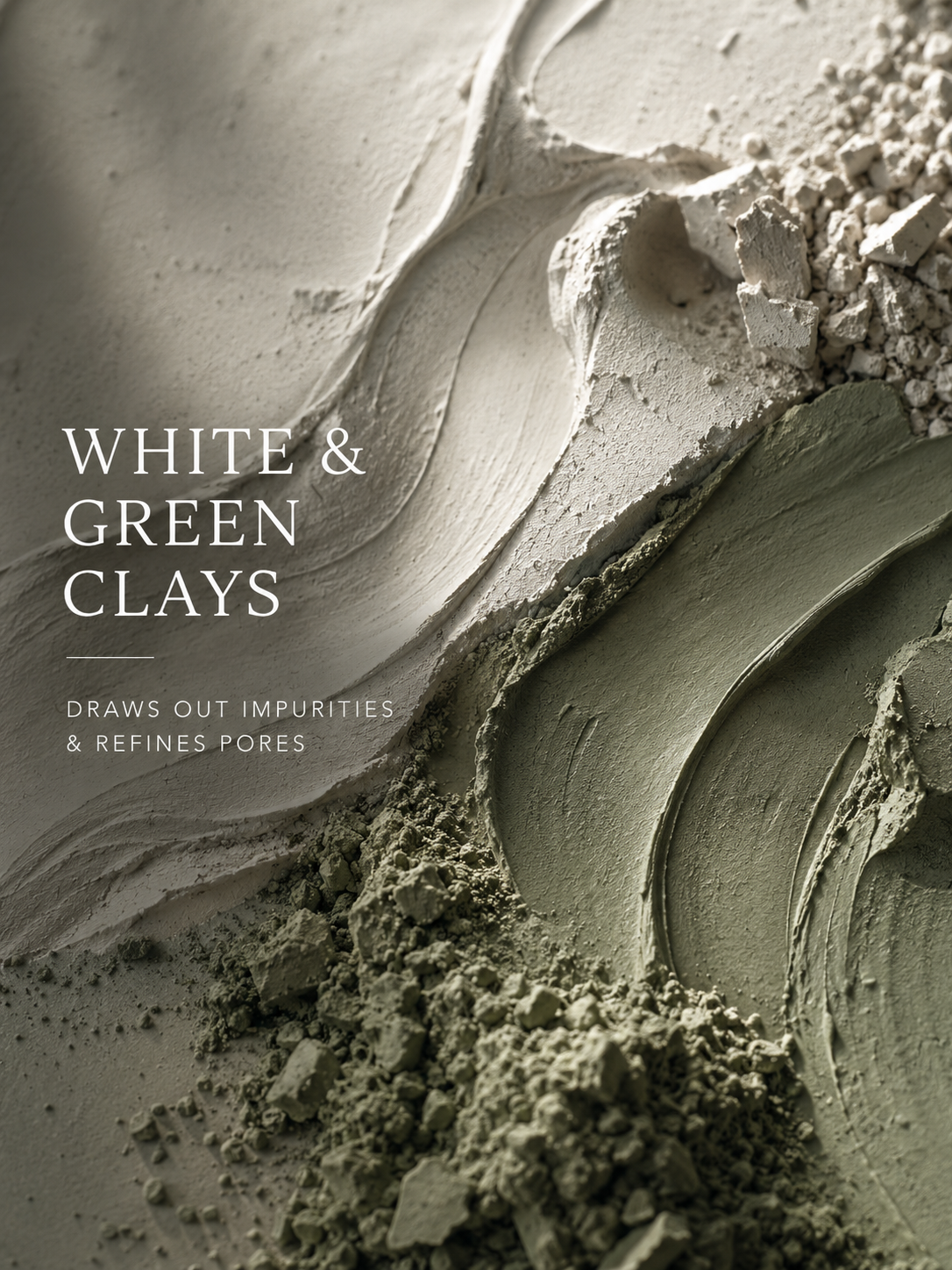 Close-up of white and green clays with text highlighting their benefits.