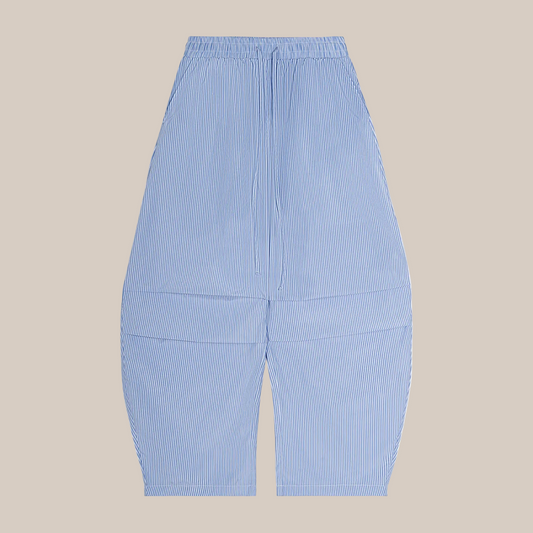 Blue striped high-waisted pants on a white background