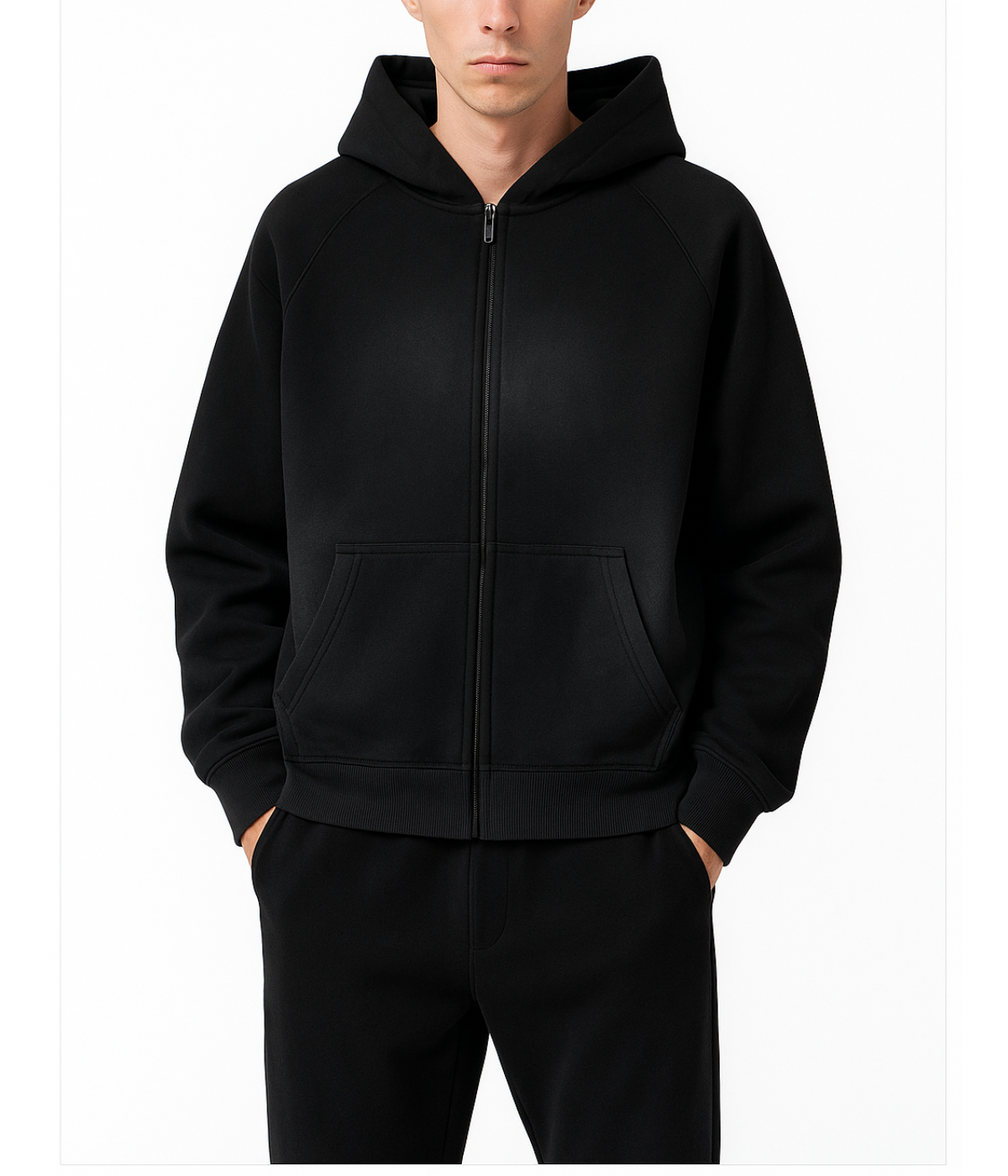 A Future-Homme male model wearing an Ombre Effect two way zipper jacket in 355 GSM on a white background. 