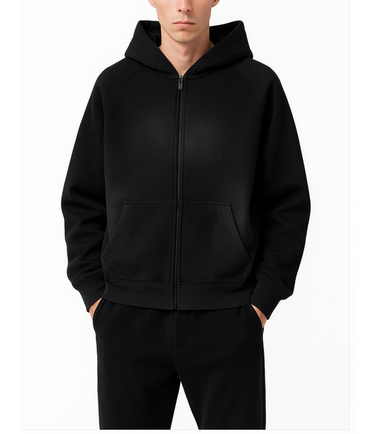 A Future-Homme male model wearing an Ombre Effect two way zipper jacket in 355 GSM on a white background. 