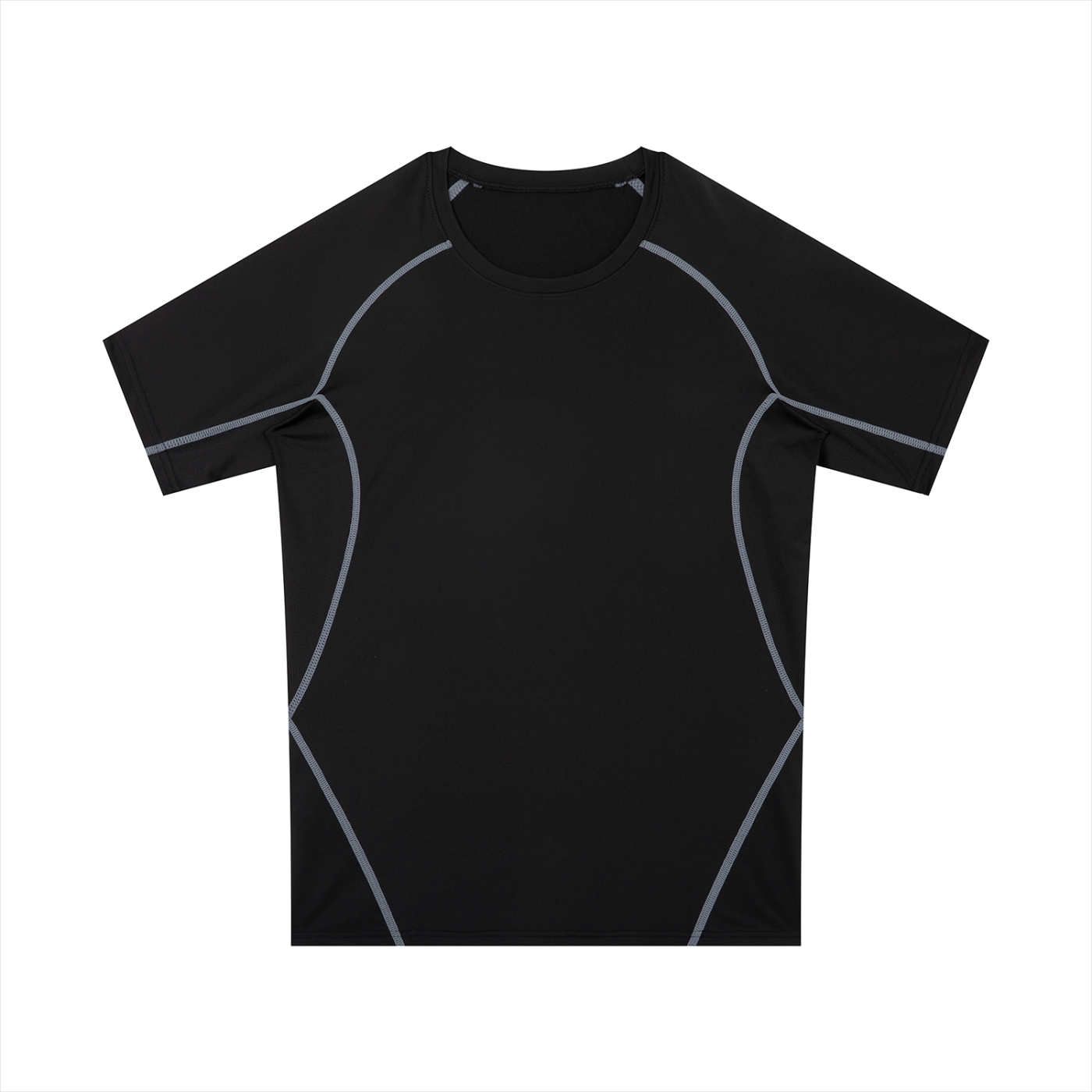 Black athletic shirt with gray accents on a white background
