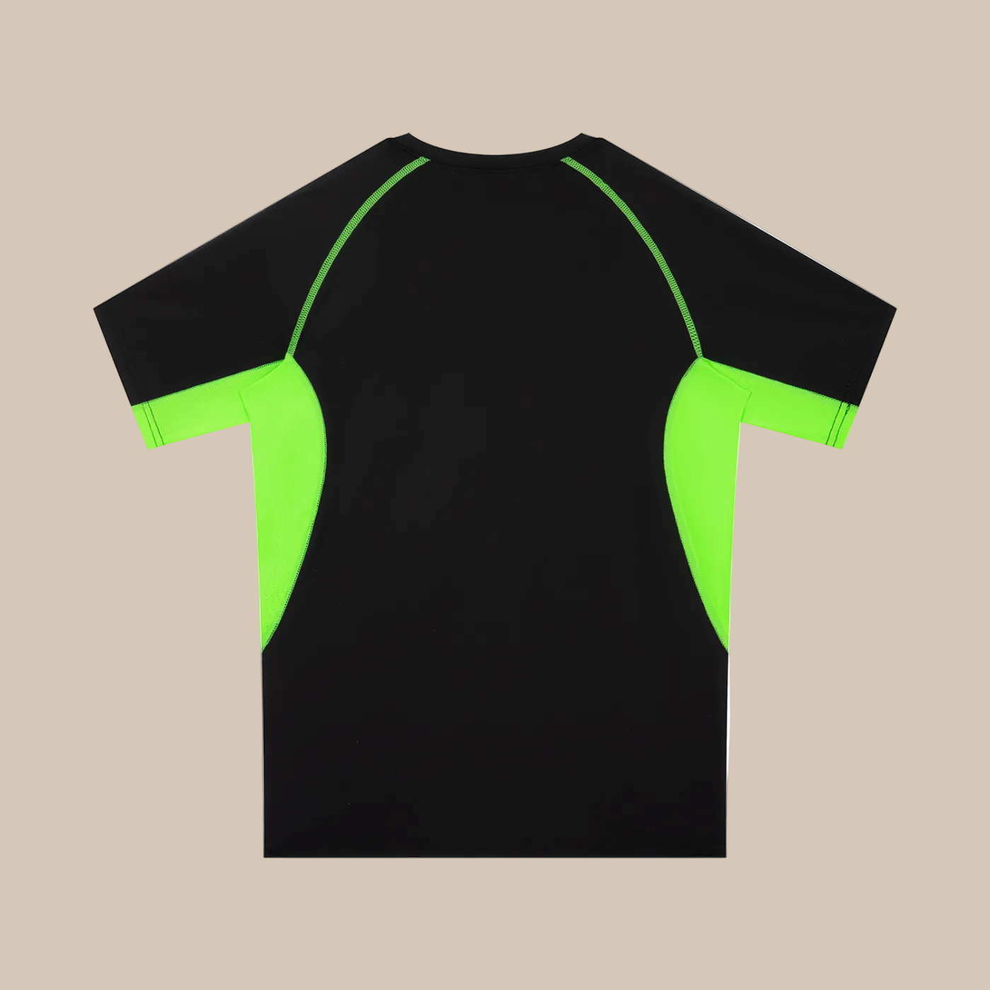 Black t-shirt with green accents on a white background