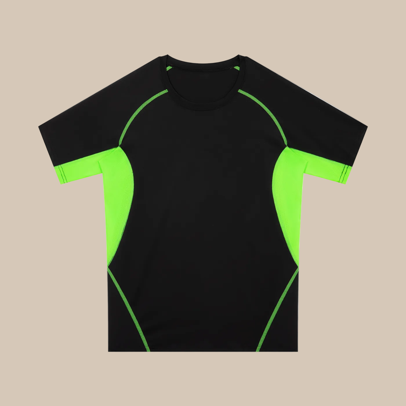 Black  training t-shirt with green accents on a white background 