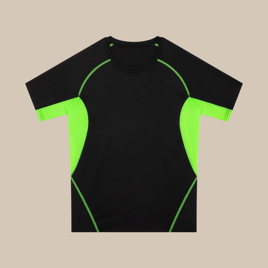 Black  training t-shirt with green accents on a white background 
