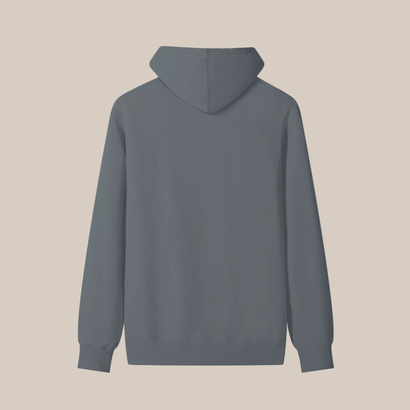 Black hoodie shown from the back on a beige background